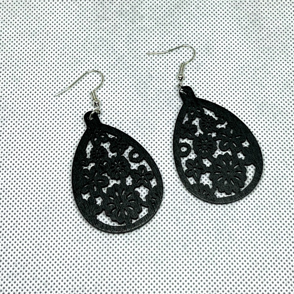 Black floral wood cut dangle earrings